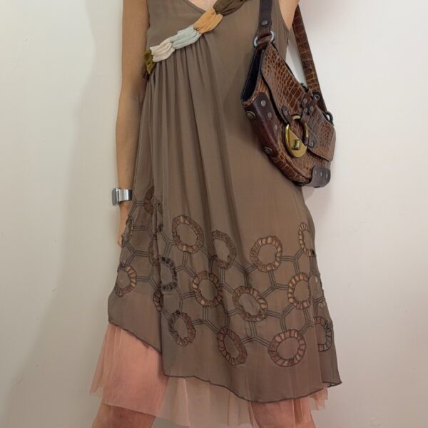 Chloe 100% silk slip flared strappy dress beige pink sheer embroidered