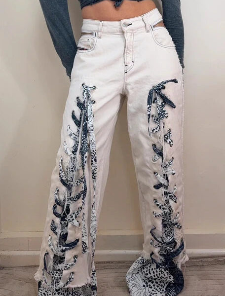 Diesel Custom Wide Baggy Leg Jeans W29L31 UK 10 High 11”Rise Lace Up Leopard Zip