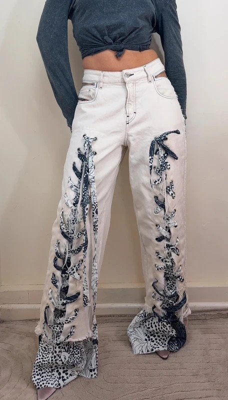 Diesel Custom Wide Baggy Leg Jeans W29L31 UK 10 High 11”Rise Lace Up Leopard Zip Diesel Custom Wide Baggy Leg Jeans W29L31