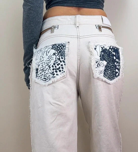 Diesel Custom Wide Baggy Leg Jeans W29L31 UK 10 High 11”Rise Lace Up Leopard Zip