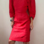 Droopy&Browns Angela Holmes Red Linen Dress UK 12 Puff Sleeve Sweetheart Pencil