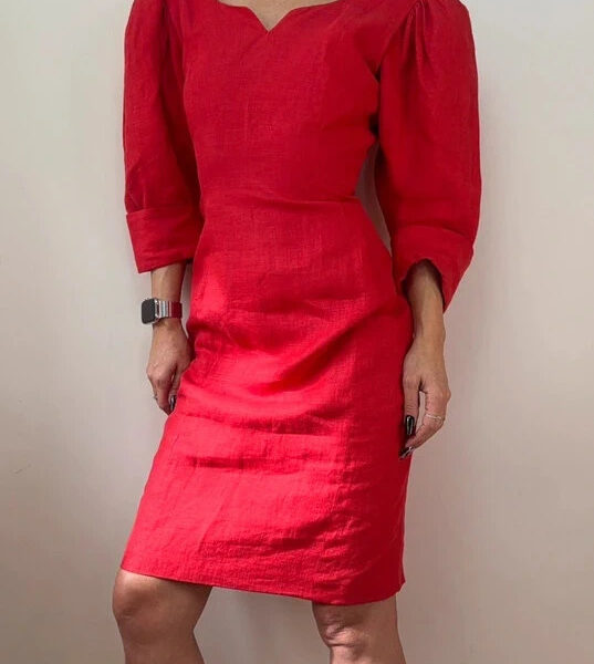 Droopy&Browns Angela Holmes Red Linen Dress UK 12 Puff Sleeve Sweetheart Pencil