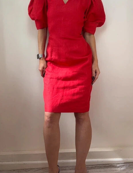 Droopy&Browns Angela Holmes Red Linen Dress UK 12 Puff Sleeve Sweetheart Pencil