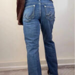 Express Womens Bootcut Jeans low 7.5”rise blue W35 L29 UK12-14 embroidered swirl