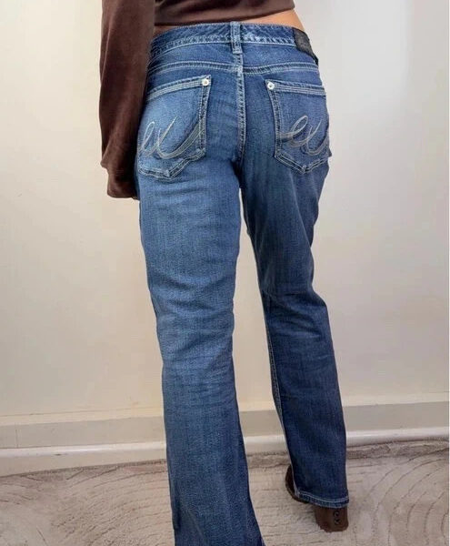 Express Womens Bootcut Jeans low 7.5”rise blue W35 L29 UK12-14 embroidered swirl
