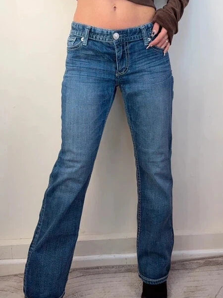 Express Womens Bootcut Jeans low 7.5”rise blue W35 L29 UK12-14 embroidered swirl