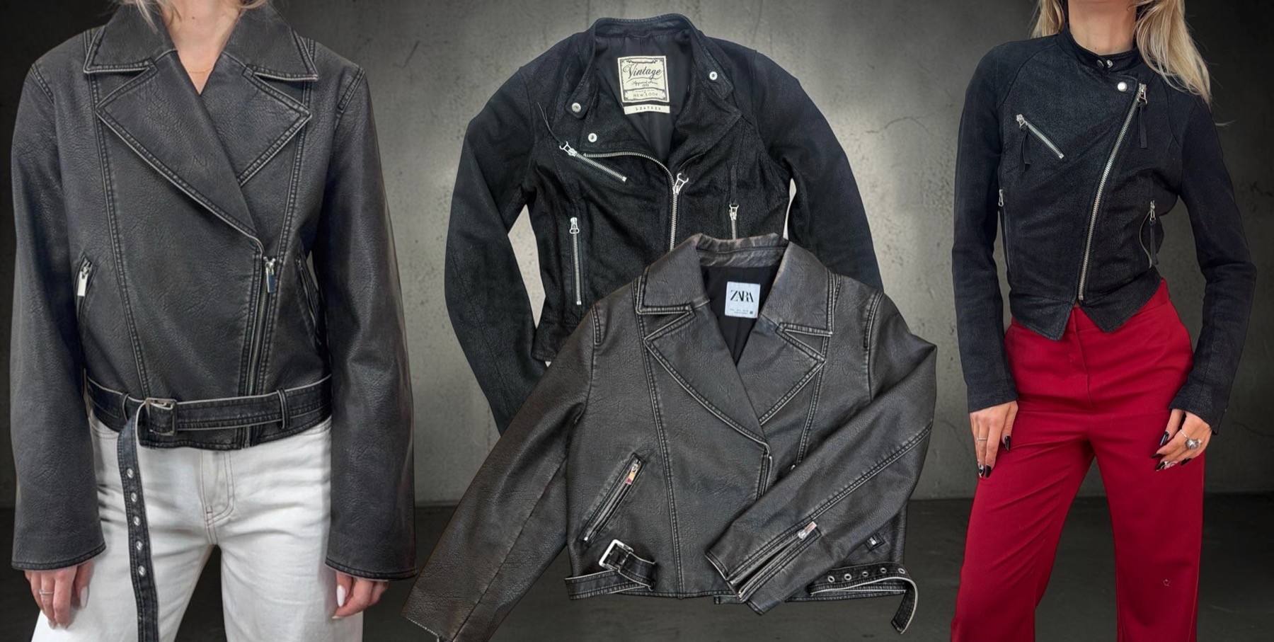 Two black biker jackets compared: a Zara faux leather biker worn with a belt, both laid flat, and a New Look real suede leather biker worn with red trousers