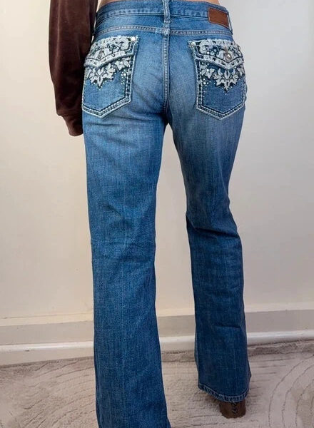 Gap Womens Flare low 9”rise blue bootcut jeans W30/33 L30.5 UK 10-12 embroidered