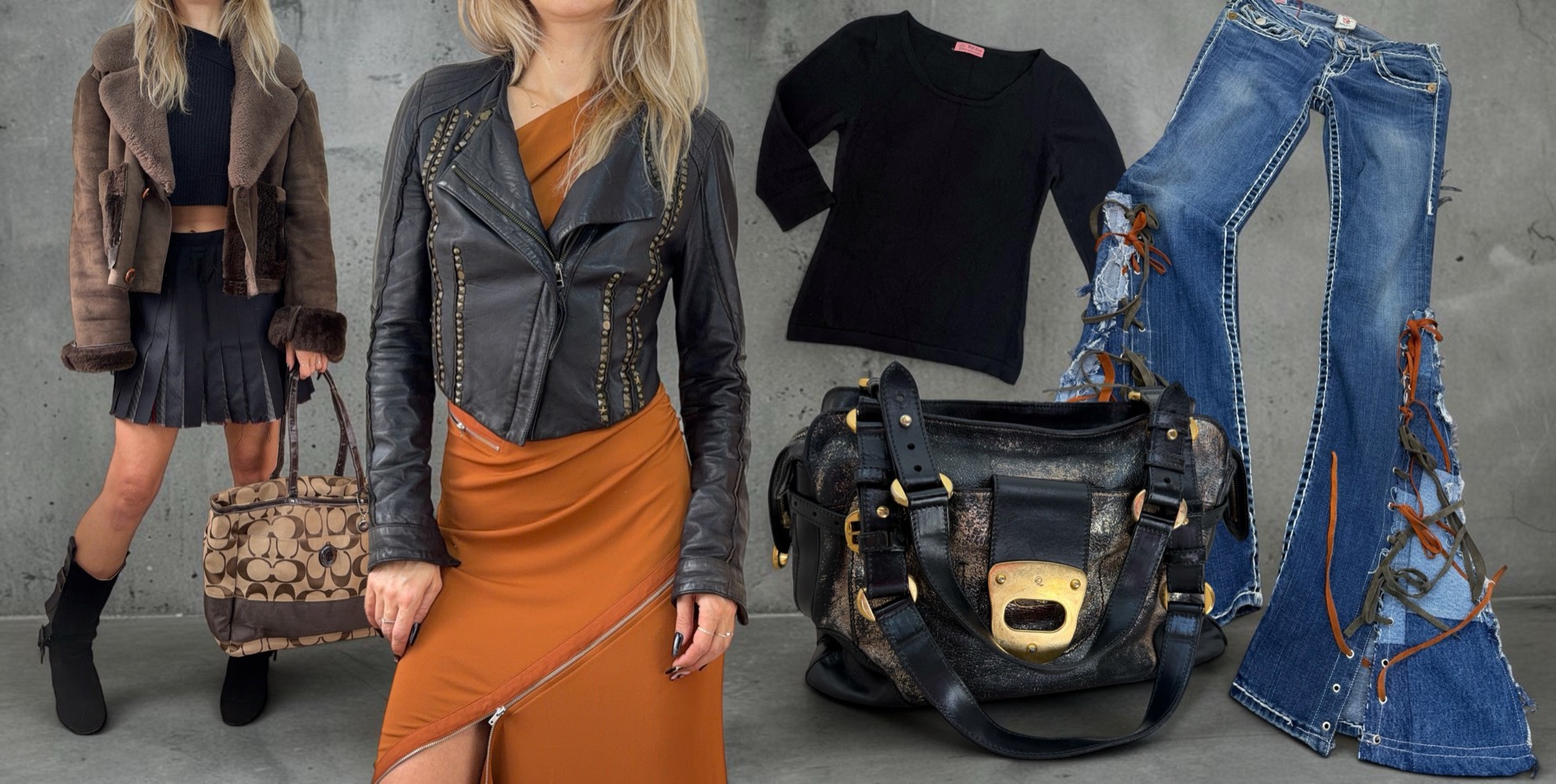 Two outfits and the pieces laid out: a cropped sheepskin aviator with a pleated mini and boots, a black leather biker over a rust dress, a black cashmere jumper, a black Alexander McQueen leather bag and flared True Religion jeans