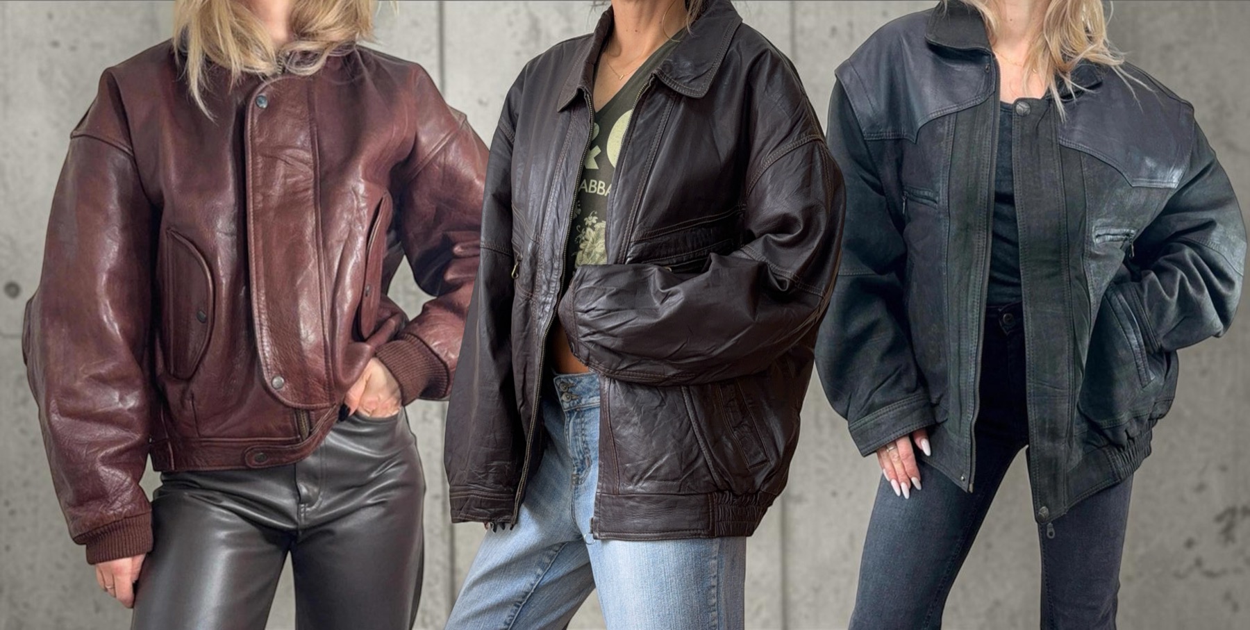 Three oversized leather bomber jackets worn: burgundy, brown and black, with ribbed hems