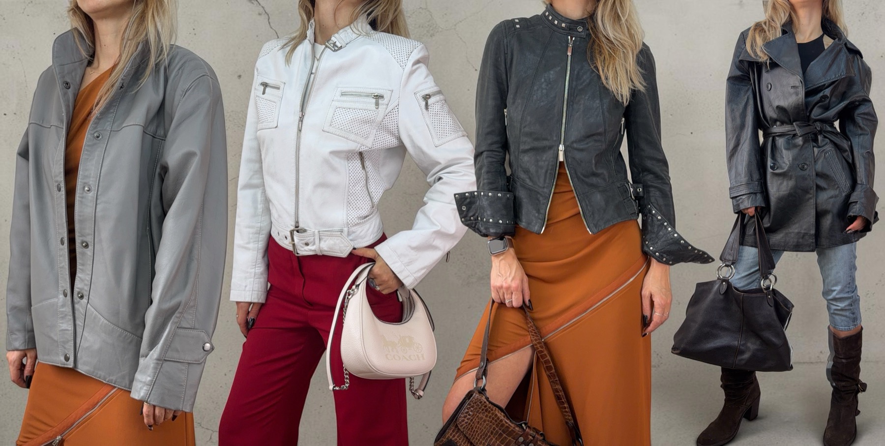 Four leather jackets worn: a grey oversized leather jacket, a white perforated leather biker, a black studded biker and a black belted leather trench coat