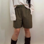 Lellgmode Womens 80s Wool Pleated Khaki Shorts UK8 High Rise 12.5”W28 Wide Leg