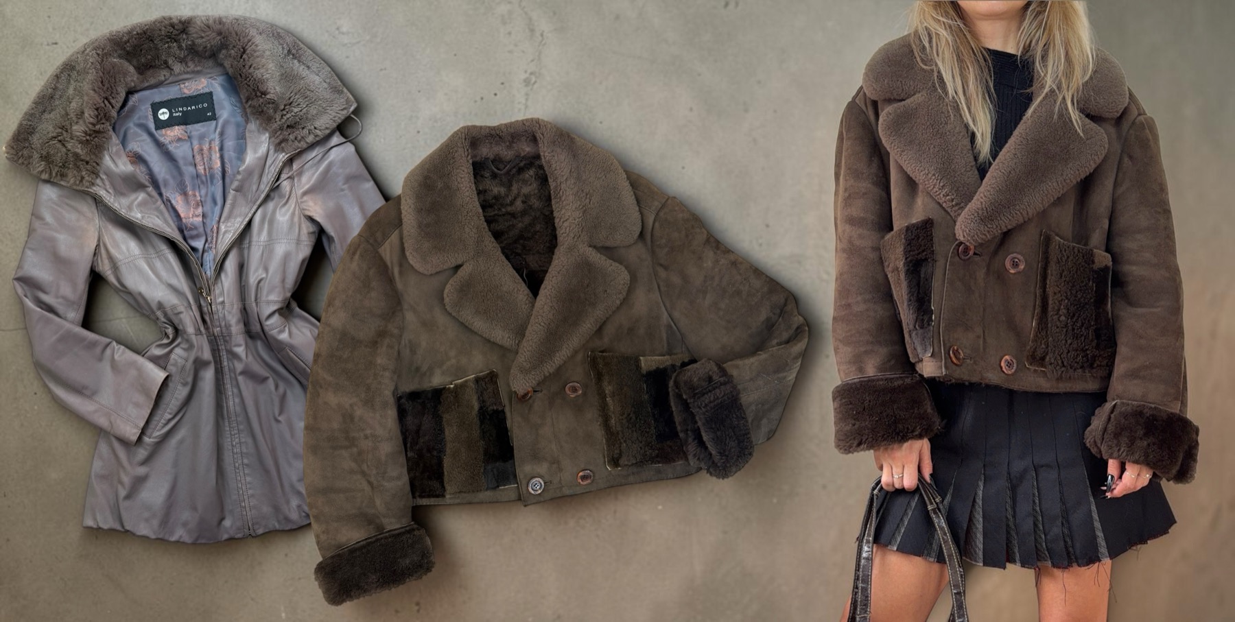 A grey Lindarico jacket with a big fur collar, and a cropped brown sheepskin aviator with fur cuffs and patchwork fur pockets, laid flat and worn with a pleated mini skirt