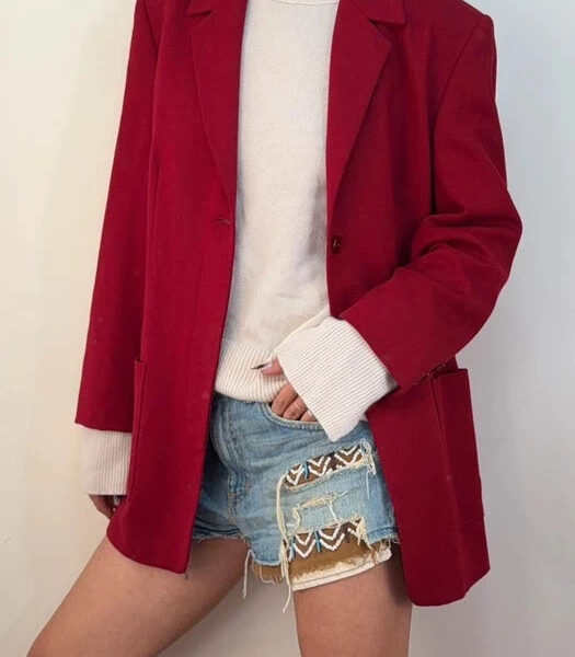 Lucia Womens 90s Burgundy Virgin Wool Blazer UK 10-12 Oversized Button Jacket