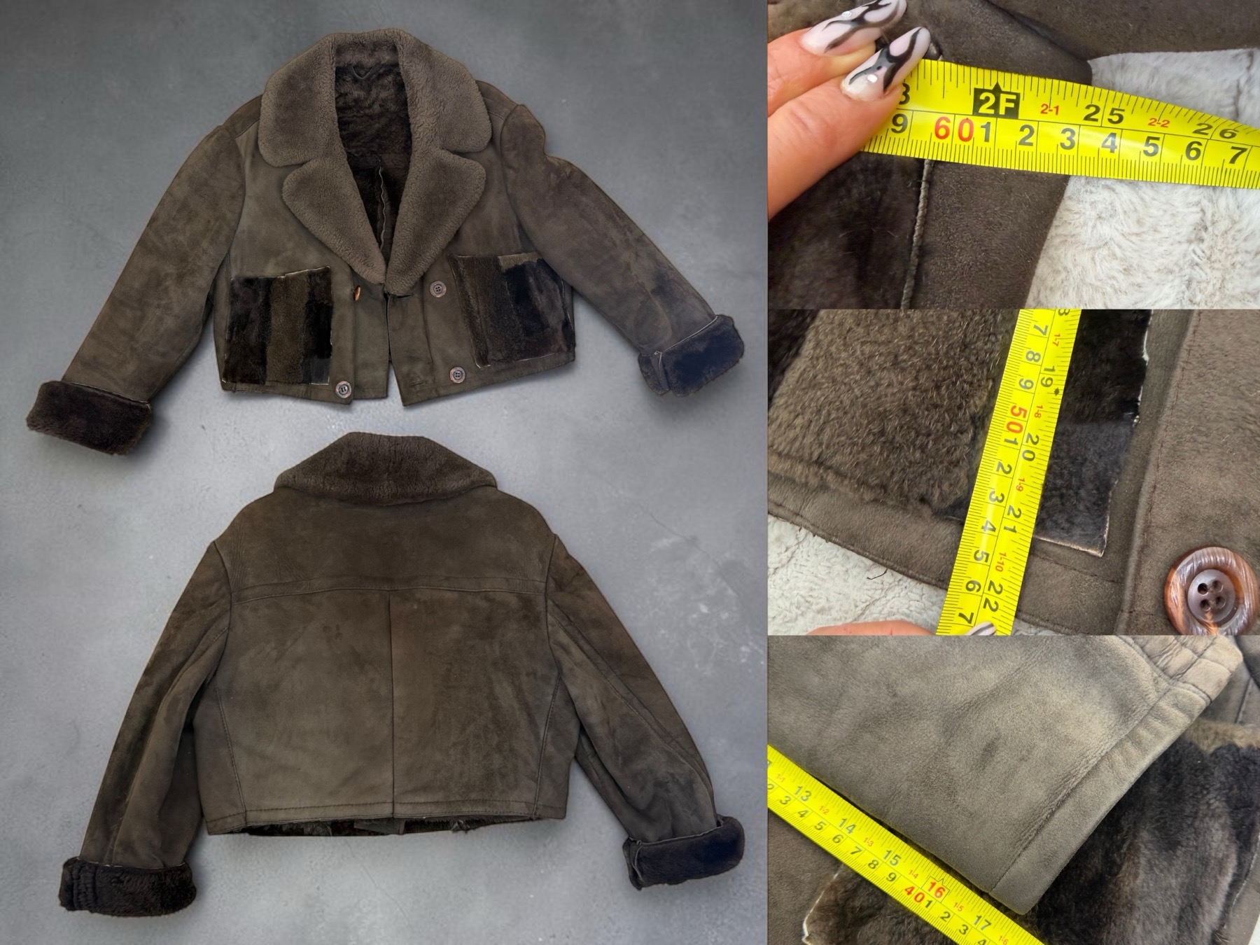 A cropped brown sheepskin aviator laid flat front and back, with a tape measure across the chest, along the sleeve and down the length