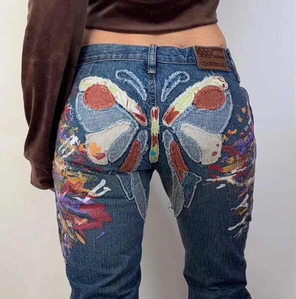 Nolita Womens Low Rise 7.5” Bootcut Jeans W28L31 UK8 Butterfly Embroidered Paint