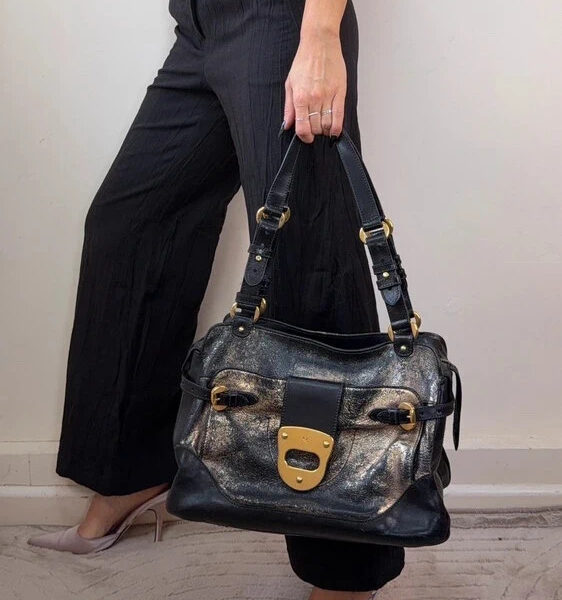 Alexander McQueen Flapper Novak Leather Shoulder large Handbag Black Gold 2008