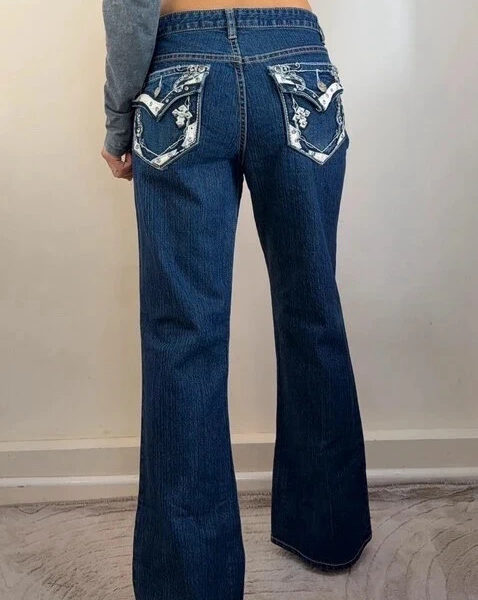 Calvin Klein womens mid rise 9.5” W32 L30 flare dark jeans UK 12 embellished y2k