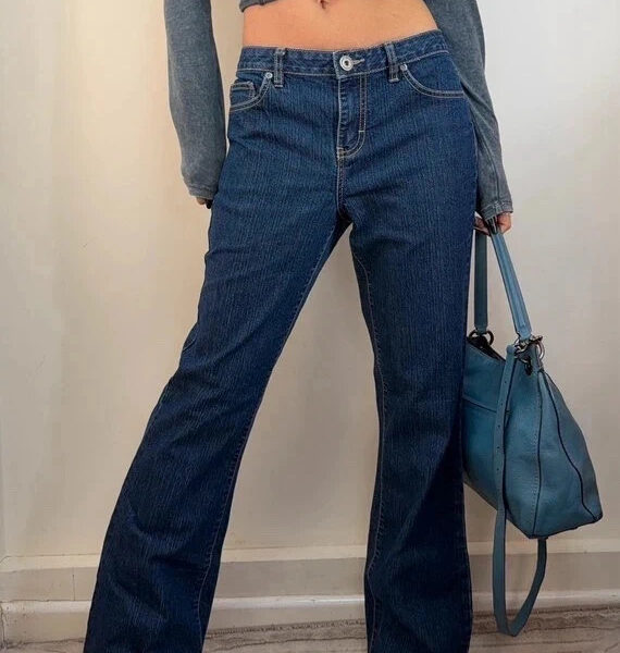 Calvin Klein womens mid rise 9.5” W32 L30 flare dark jeans UK 12 embellished y2k