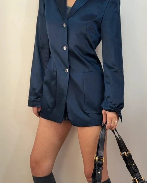 Laurel by Escada womens navy silk wool satin fitted button blazer UK8-10 jacket