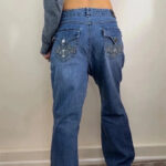Womens Y2K Mid 10.5”Rise Bootcut Jeans W33 L32 UK 16-18 Rhinestone Flap Pockets