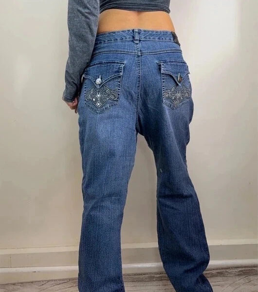Womens Y2K Mid 10.5”Rise Bootcut Jeans W33 L32 UK 16-18 Rhinestone Flap Pockets