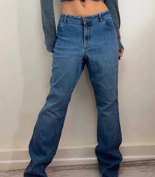 Womens Y2K Mid 10.5”Rise Bootcut Jeans W33 L32 UK 16-18 Rhinestone Flap Pockets