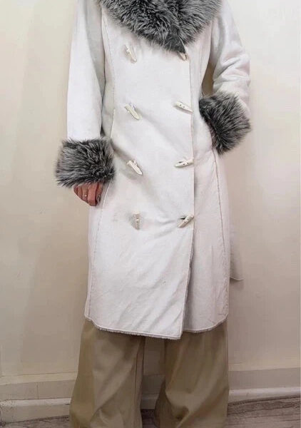 Xanaka Womens Y2K grey faux fur shearling coat UK 8-10 fitted Penny Lane Afghan