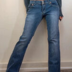 Angels womens ultra low rise 7” flare jeans W33 L32 UK 12-14 blue embroidered