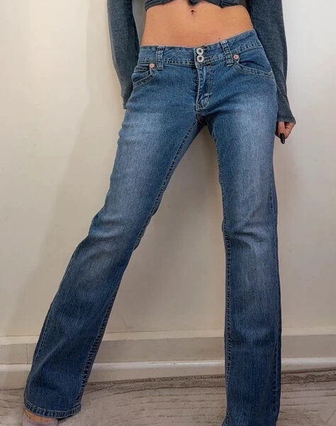 Angels womens ultra low rise 7” flare jeans W33 L32 UK 12-14 blue embroidered