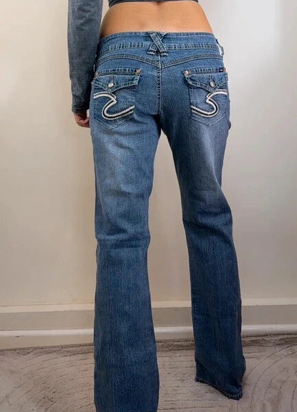 Angels womens ultra low rise 7” flare jeans W33 L32 UK 12-14 blue embroidered