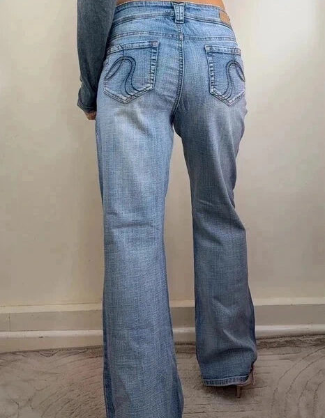 Hydraulic womens low rise 9” flare jeans UK 14-16 petite W37 L30 Y2K acid blue