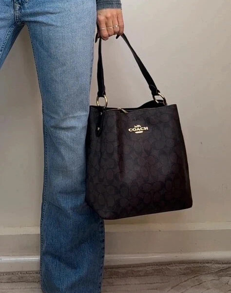 Coach Town Bucket Bag 91512 signature brown black shoulder bag gold chunky tote