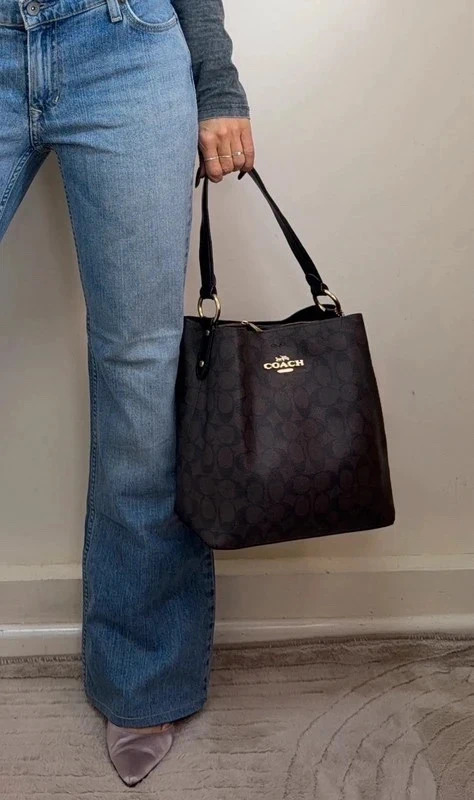 p1-510.jpg Coach Town Bucket Bag 91512 signature brown black shoulder bag gold chunky tote