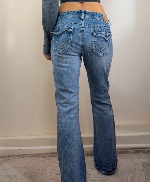 Vanity Womens Jeans Y2K Low 7.5”Rise Flared W30 L31 UK 12 Flap Pocket Stitch
