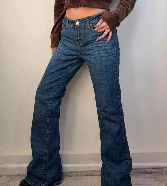 Vigold Womens Y2K Low 8.5”Rise Sweet Flare Jeans UK 12-14 W35 L32.5 Embroidered