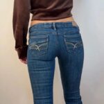 Garage Womens Y2K Ultra Low 6.5”Rise Flare Petite Jeans UK 8 W31 L30 Embroidered