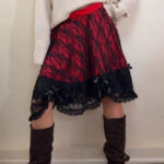 Phaze Gothic Lolita Red Satin Black Lace Midi Skirt UK 14 W32 Bow Ruffle Hem