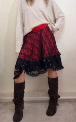 Phaze Gothic Lolita Red Satin Black Lace Midi Skirt