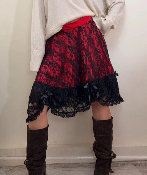Phaze Gothic Lolita Red Satin Black Lace Midi Skirt UK 14 W32 Bow Ruffle Hem