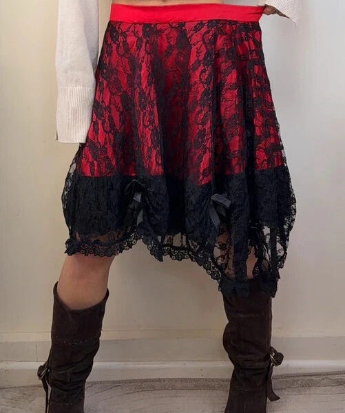 Phaze Gothic Lolita Red Satin Black Lace Midi Skirt UK 14 W32 Bow Ruffle Hem