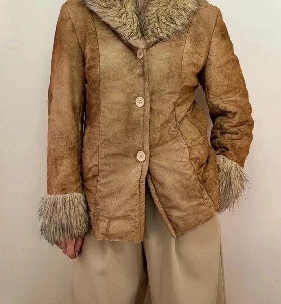 West Womens Y2K Penny Lane Afghan Jacket UK10-12 Faux Suede Shaggy Faux Fur coat
