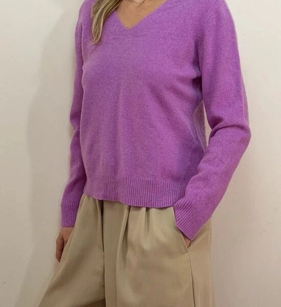 John Lewis Womens 100% Cashmere Lilac Pink V-Neck Jumper Sweater UK 8-10 Luxury