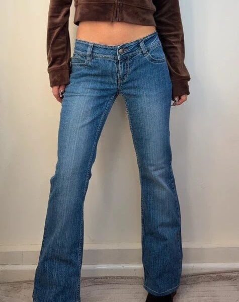 Ellemenno Womens Flare ultra low 7”rise blue jeans UK10 W32 L30 embroidered y2k