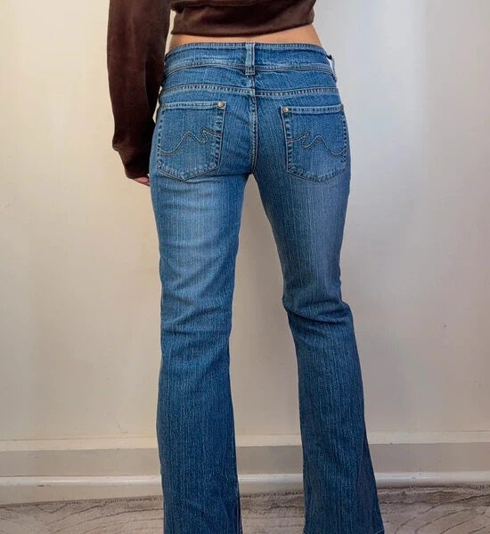 Ellemenno Womens Flare ultra low 7”rise blue jeans UK10 W32 L30 embroidered y2k