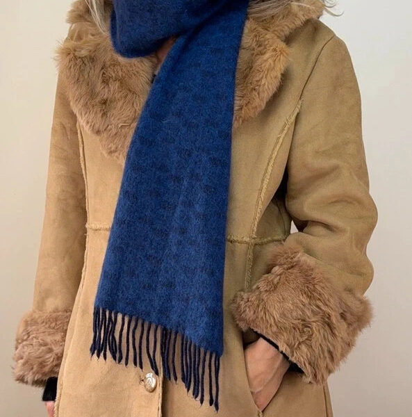Land Rover 100% Scottish Cashmere Scarf Blue Navy Check Fringed Unisex Wrap
