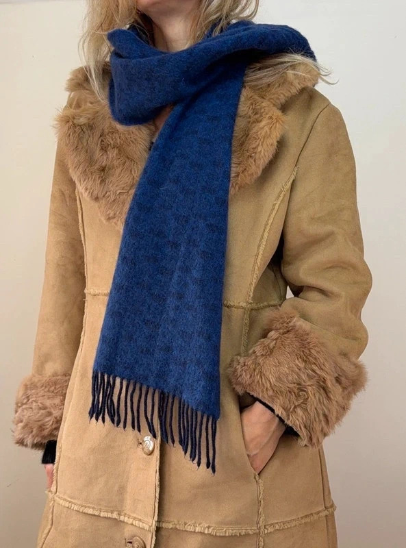 p1-728.jpg Land Rover 100% Scottish Cashmere Scarf Blue Navy Check Fringed Unisex Wrap