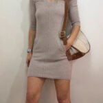Not Shy 100% Cashmere Knit Mini Fitted Dress UK 6-8 Taupe Beige V Neck Jumper