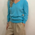 F&F Womens 100% Cashmere V Neck Jumper UK 12-14 Blue Puff Sleeve Knit Sweater