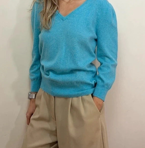F&F Womens 100% Cashmere V Neck Jumper UK 12-14 Blue Puff Sleeve Knit Sweater